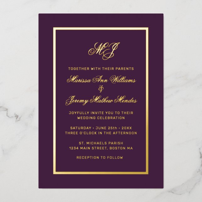 Elegant Plum Gold Calligraphy Script Wedding (Front)
