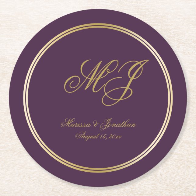 Elegant Plum Gold Monogram Script Wedding Round Paper Coaster (Front)