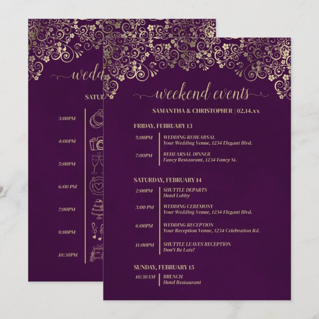 Elegant Plum & Gold Wedding Events & Timeline Programme (Front/Back)