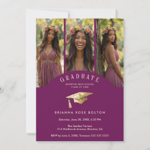 Elegant Plum Graduate Collage 3-Photo Graduation  Invitation