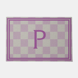 Elegant Plum Grey Buffalo Plaid Monogram Doormat