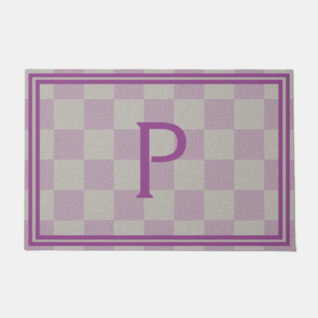 Elegant Plum Grey Buffalo Plaid Monogram Doormat (Front)