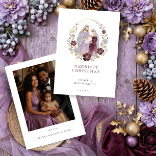 Elegant Plum Holy Nativity Family Christmas Photo  Holiday Card