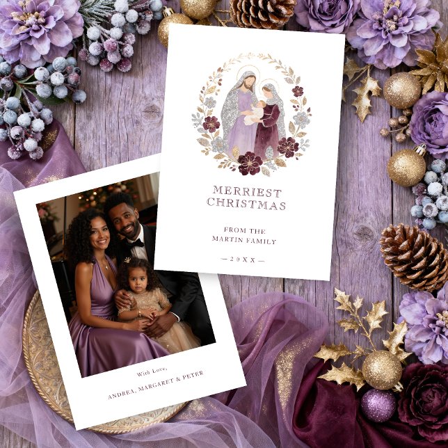 Elegant Plum Holy Nativity Family Christmas Photo  Holiday Card (Elegant Plum Holy Nativity Family Christmas Holidays Cards with Back Family Photo. )