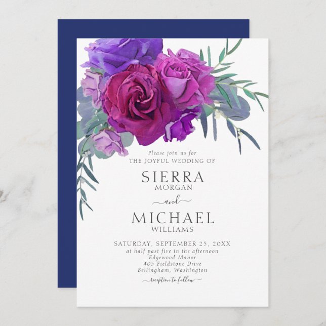 Elegant Plum Lilac Navy Floral Botanical Wedding Invitation (Front/Back)