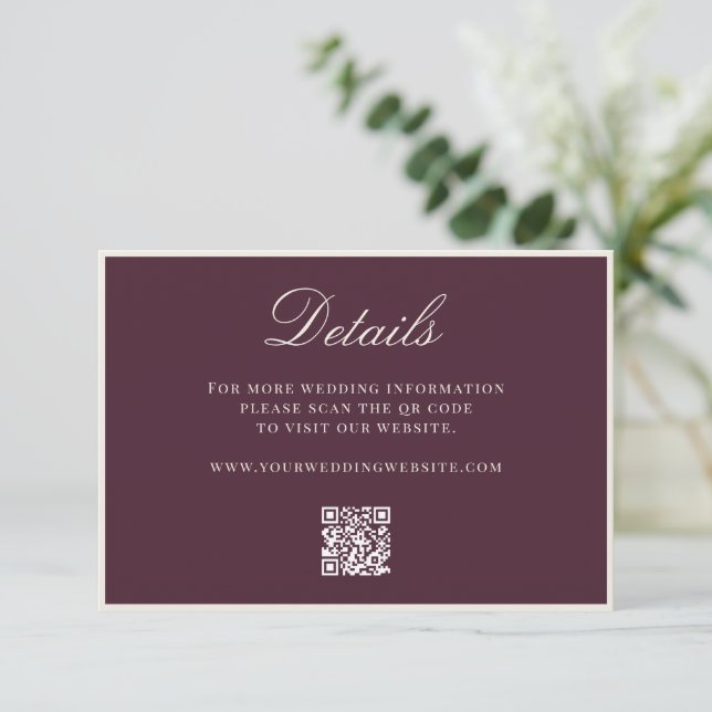 Elegant Plum Old Money QR Code Details Wedding Enclosure Card (Standing Front)
