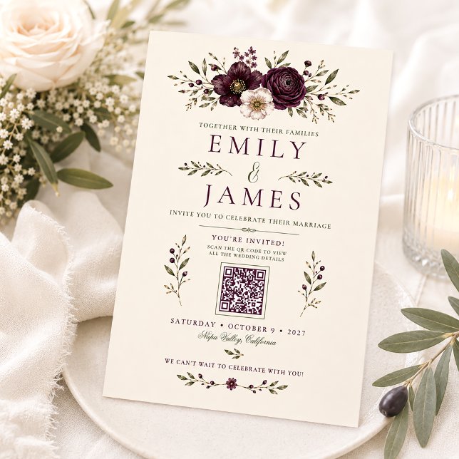 Elegant Plum Olive Botanical QR Code Wedding Invitation (Creator Uploaded)