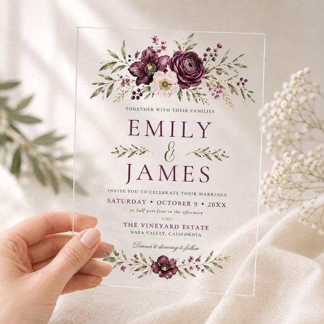 Elegant Plum Olive Botanical Wedding Acrylic Invitations (Creator Uploaded)
