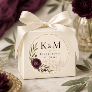 Elegant Plum & Olive Botanical Wedding Favour Classic Round Sticker