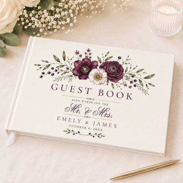 Elegant Plum Olive Botanical Wedding Guest Book (Creator Uploaded)