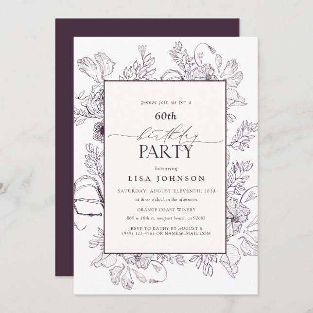 Elegant Plum Purple 60th Birthday Floral Line Art  Invitation (Front/Back)