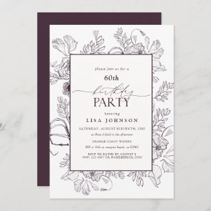Elegant Plum Purple 60th Birthday Floral Line Art  Invitation