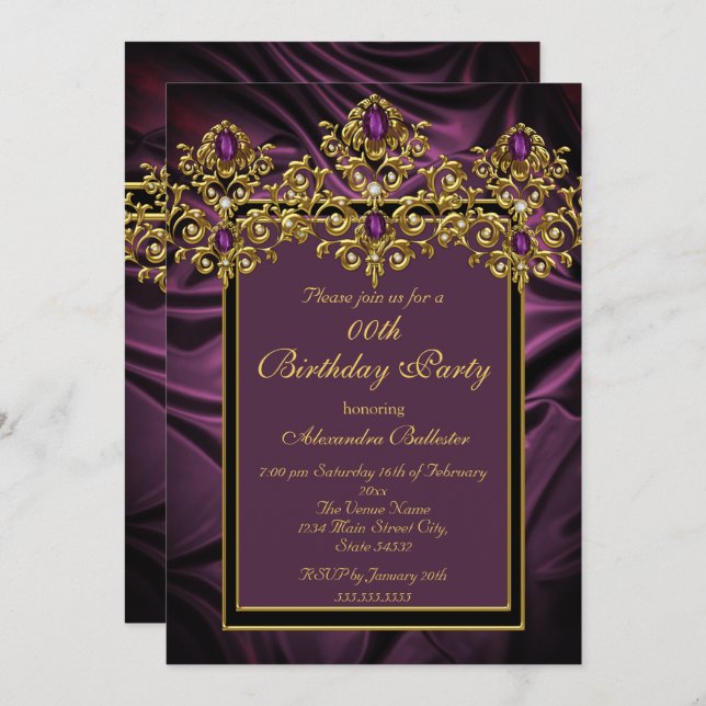 Elegant Plum Purple Birthday Party Silk Gem Gold Invitation (Front/Back)
