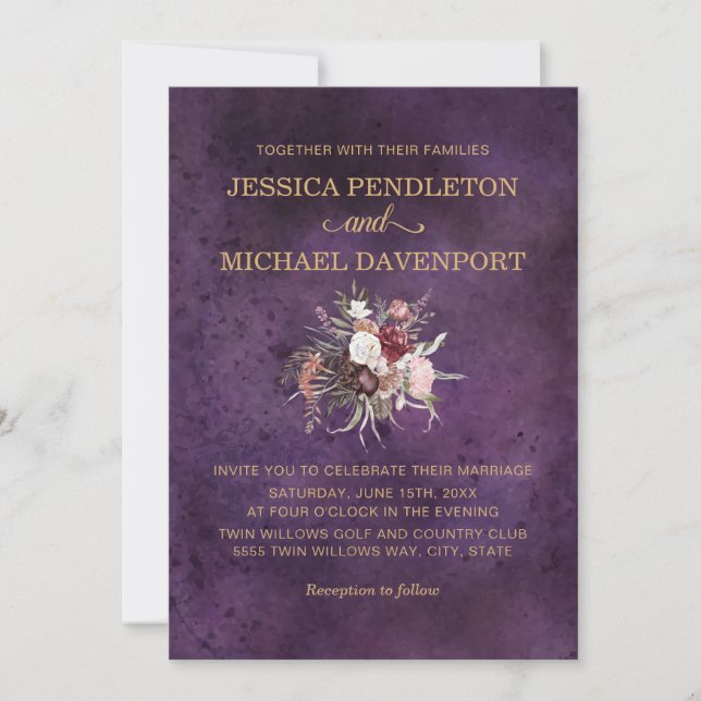 Elegant Plum Purple Blush Pink Cream Wedding Invitation (Front)