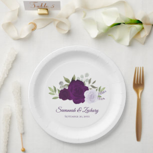 Elegant Plum Purple Boho Watercolor Roses Wedding Paper Plate
