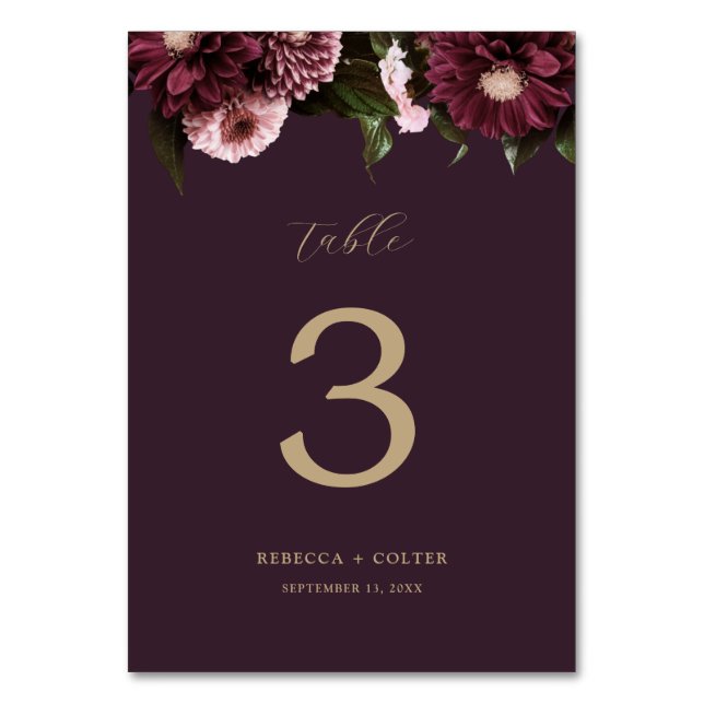 Elegant Plum Purple Burgundy Floral Wedding Table Number (Front)