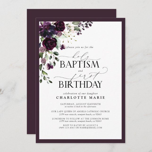 Elegant Plum Purple Floral Baptism 1st Birthday Invitation (Front/Back)