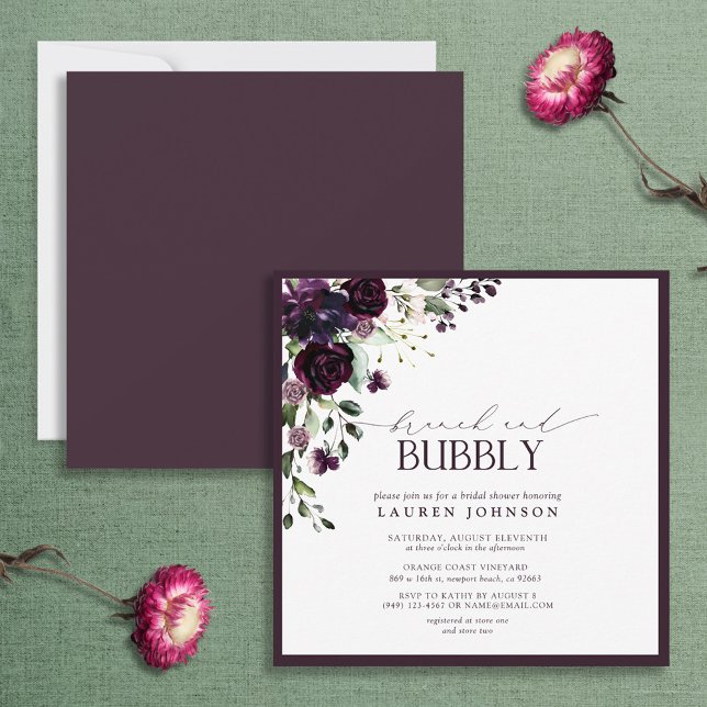 Elegant Plum Purple Floral Brunch & Bubbly Shower Invitation (Creator Uploaded)