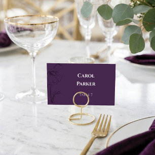 Elegant Plum Purple Floral Line Art Flat Wedding Place Card