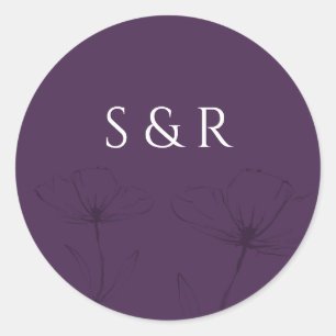 Elegant Plum Purple Floral Line Art Monogram Round Classic Round Sticker