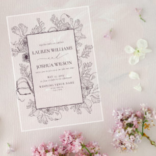 Elegant Plum Purple Floral Line Art Wedding Acrylic Invitations
