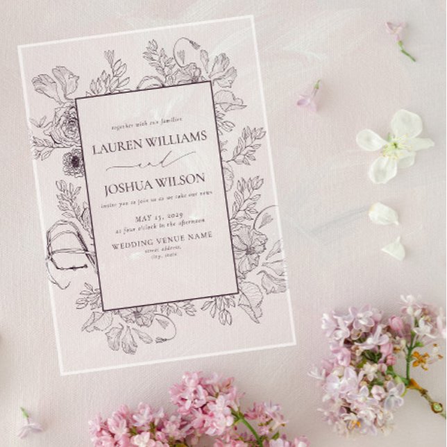 Elegant Plum Purple Floral Line Art Wedding Acrylic Invitations (Creator Uploaded)