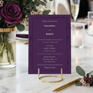 Elegant Plum Purple Floral Line Art Wedding Invitation
