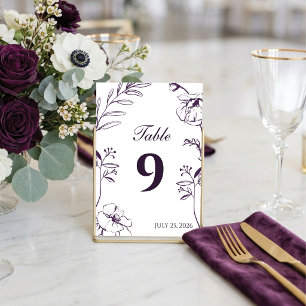 Elegant Plum Purple Floral Line Art Wedding Table Number
