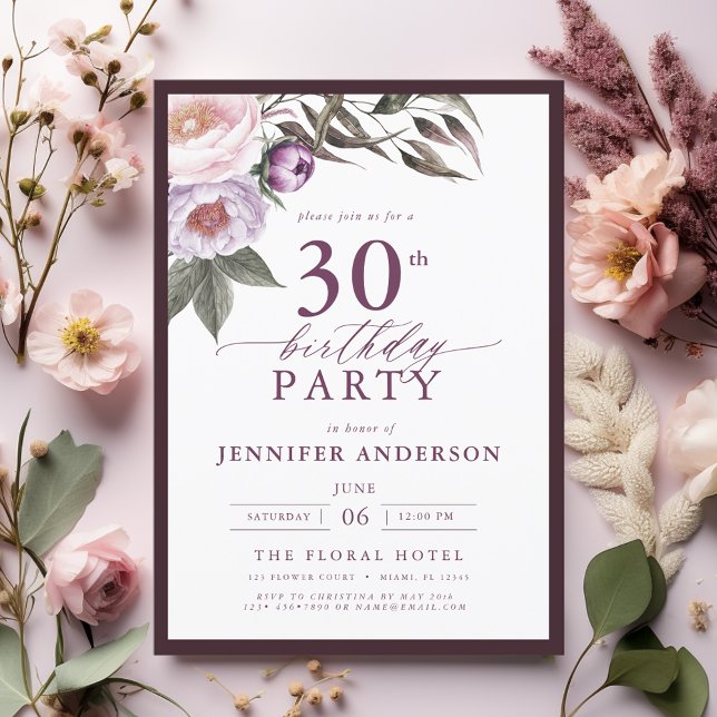 Elegant Plum Purple Floral Script 30th Birthday Invitation (Creator Uploaded)