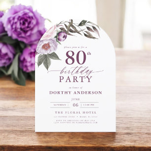 Elegant Plum Purple Floral Script 80th Birthday Invitation