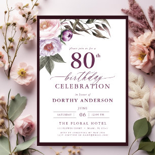 Elegant Plum Purple Floral Script 80th Birthday Invitation