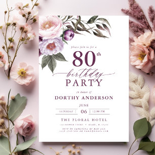 Elegant Plum Purple Floral Script 80th Birthday Invitation
