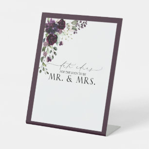 Elegant Plum Purple Floral Watercolor Date Ideas Pedestal Sign