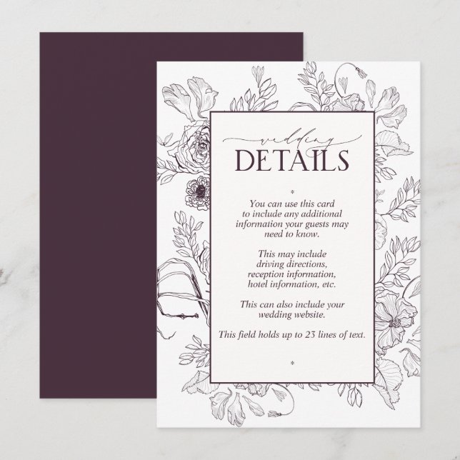 Elegant Plum Purple Floral Wedding Details Enclosure Card (Front/Back)