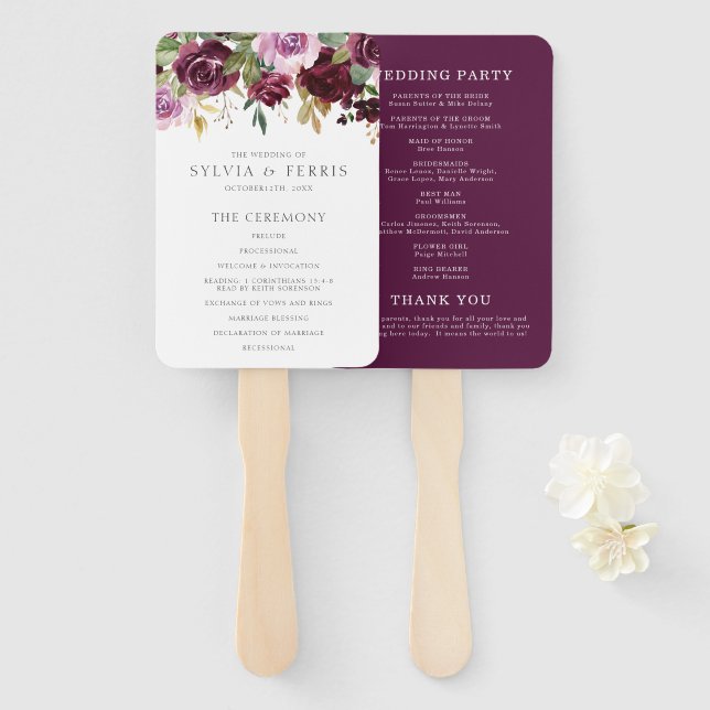 Elegant Plum Purple Floral Wedding Program Hand Fan (Front and Back)