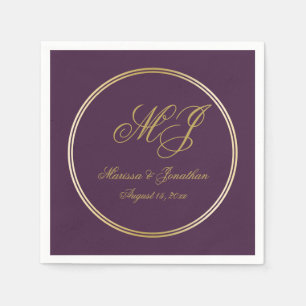 Elegant Plum Purple Gold Monogram Script Wedding Napkin