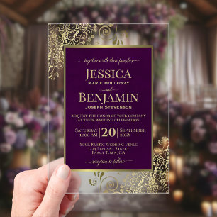 Elegant Plum Purple & Gold Stylish Text Wedding Acrylic Invitations