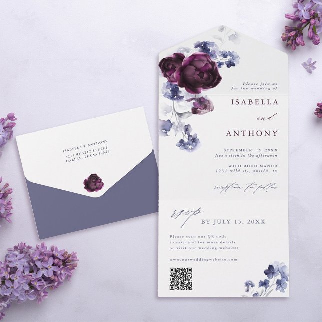 Elegant Plum Purple & Indigo Blue Floral Wedding All In One Invitation (Inside & Back)