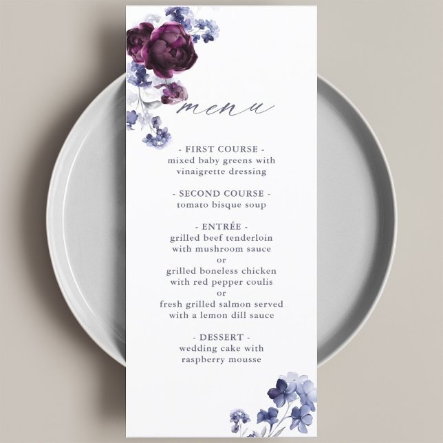 Elegant Plum Purple & Indigo Blue Floral Wedding Menu (Creator Uploaded)