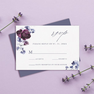 Elegant Plum Purple & Indigo Blue Floral Wedding RSVP Card