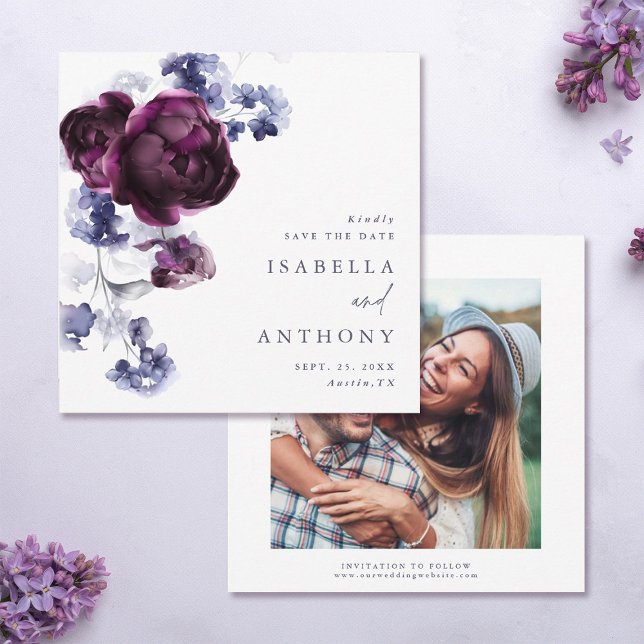 Elegant Plum Purple & Indigo Blue Floral Wedding  Save The Date (Front & Back)