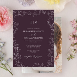 Elegant Plum Purple Leaf Photo Monogram Wedding Invitation