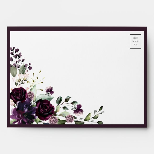 Elegant Plum Purple Mauve Floral Watercolor Envelope (Front)