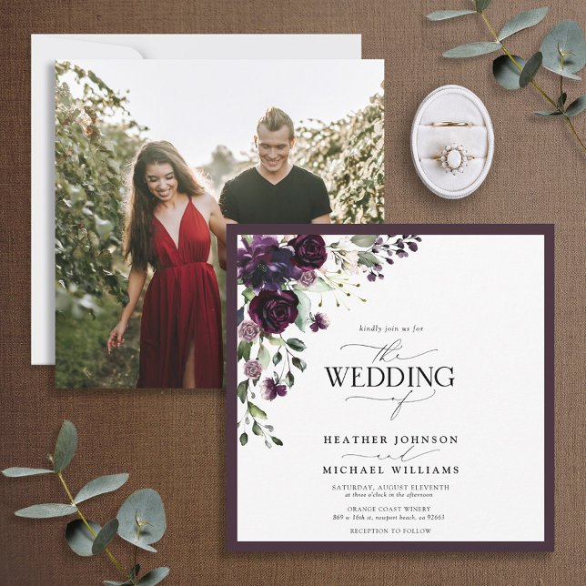 Elegant Plum Purple Mauve Floral Watercolor Photo Invitation (Creator Uploaded)