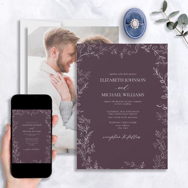 Elegant Plum Purple Minimal Leaf Photo Wedding Invitation (Creator Uploaded)
