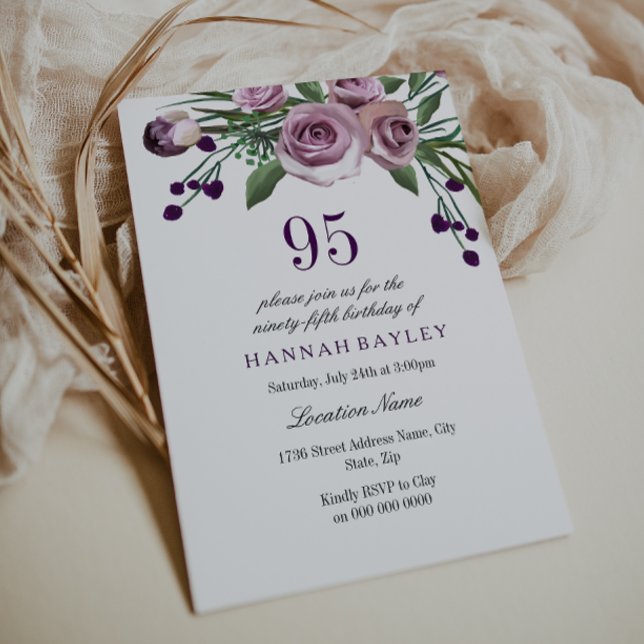 Elegant Plum Purple Rose 95th Birthday Invitation (Creator Uploaded)
