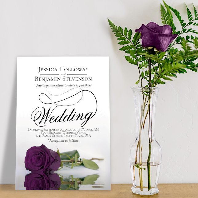 Elegant Plum Purple Rose Classy Script Wedding Invitation (Creator Uploaded)