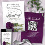 Elegant Plum Purple Rose Fancy QR Code Wedding Invitation<br><div class="desc">This beautiful wedding invitation features a gorgeous photograph of a single long stemmed plum purple or eggplant colored rose lying on its side reflecting in a pool of water with waves and ripples. The design features a fancy calligraphy script with a long curly tail making it both modern and classic....</div>