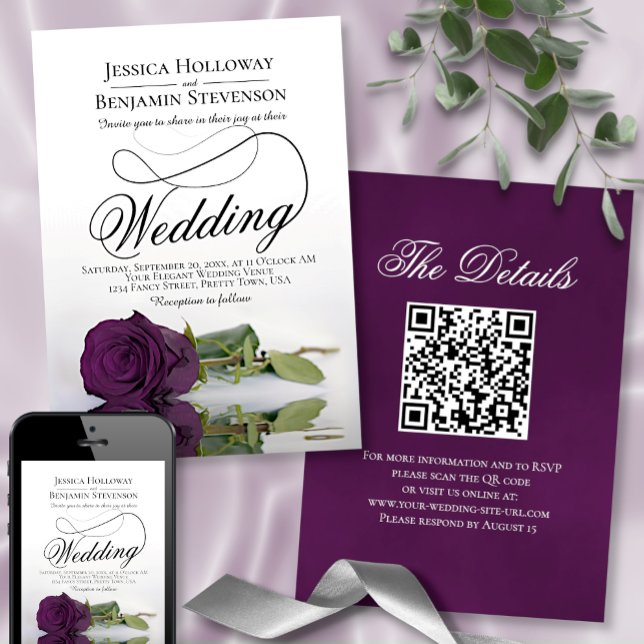 Elegant Plum Purple Rose Fancy QR Code Wedding Invitation (Creator Uploaded)