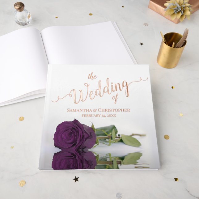 Elegant Plum Purple Rose Large Wedding Foil Guest Book (Front Open)